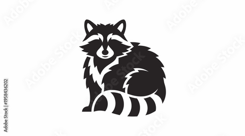 A stylized black and white graphic illustration of a sitting raccoon with its distinctive masked face and striped tail.