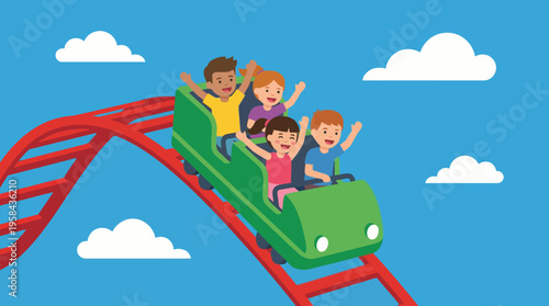 Four happy children riding a green roller coaster on a red track under a blue sky with white clouds, enjoying the thrilling amusement park ride.
