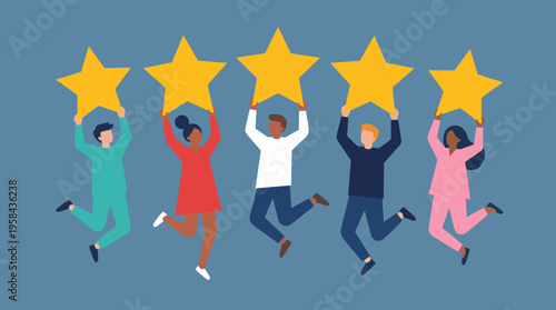 Five diverse people jumping joyfully and holding up golden stars, symbolizing excellent rating, success, and positive feedback.