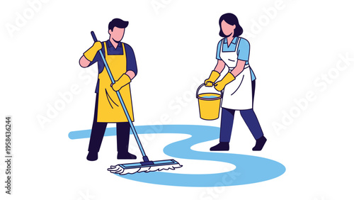 Cleanliness Team in Action: A male and female cleaning team diligently work together. Depicting a scene of efficiency and professionalism, the image highlights their dedication.