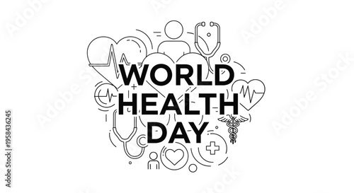 World Health Day typography illustration with medical line art icons like stethoscope, heart pulse, and caduceus symbol.