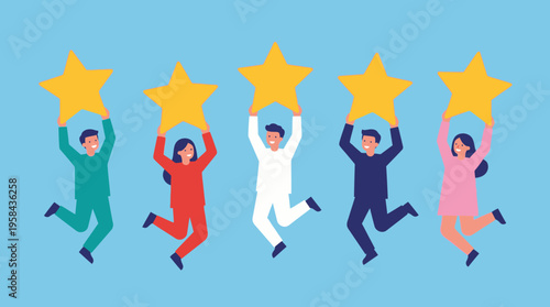 Five diverse people jumping happily and holding up large golden stars, symbolizing excellent feedback or top ratings on a light blue background.