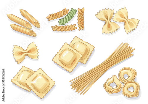 Assortment of Italian pasta shapes including penne, fusilli, farfalle, ravioli, spaghetti, and tortellini