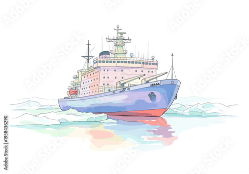 Illustration of a large icebreaker ship navigating through frozen waters