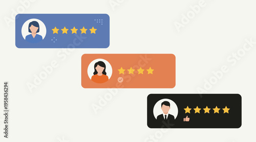 Three customer review boxes displaying 5-star ratings and user avatars, representing feedback and satisfaction.