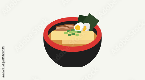 A minimalist illustration of a black and red bowl of ramen with noodles, pork, nori, and a boiled egg, on a plain background.
