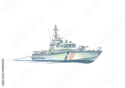 Fast patrol boat with mounted gun sailing on the water