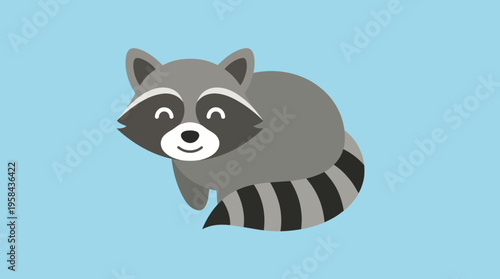 Cute cartoon raccoon with a striped tail and mask on a light blue background, smiling happily.