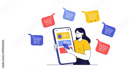 Vector illustration of woman shopping online with colorful cart icons