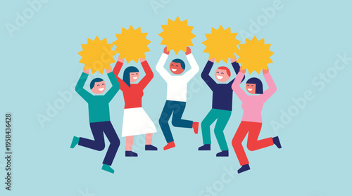 Six diverse people happily jumping and holding golden star awards, celebrating success and teamwork.