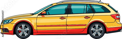 Vibrant yellow station wagon with red accents side view