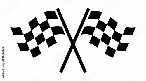Two black and white checkered racing flags crossed over each other, symbolizing the finish line or victory in motorsports.