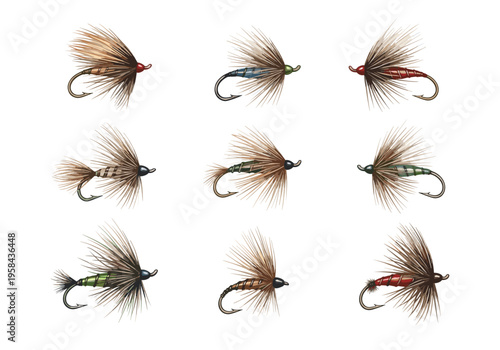 Collection of nine detailed fishing lures on a white background