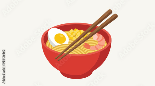 A vibrant red bowl of delicious ramen noodles, topped with a perfectly cooked egg, sweet corn, and succulent shrimp, with chopsticks resting on the rim.