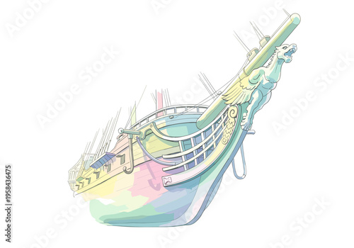 Artistic illustration of a historic sailing ship with a griffin figurehead