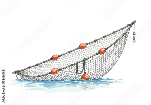 Fishing net with orange floats submerged in blue water, illustration