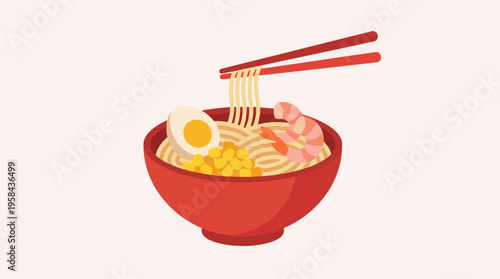 A vibrant illustration of a red bowl of ramen with noodles, a boiled egg, corn, and shrimp, being eaten with red chopsticks.