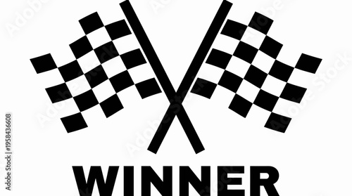 Black and white graphic illustration of two crossed checkered flags above the bold word WINNER, symbolizing victory and success in racing.