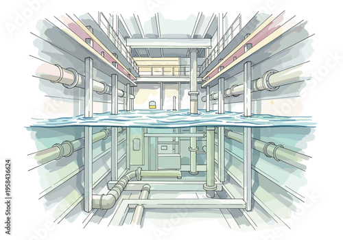 Cross-section view of industrial plumbing system with water and pipes