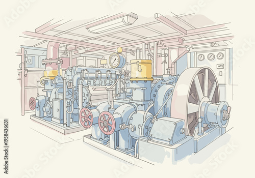 Vintage industrial machinery with intricate pipework and gauges in a factory setting