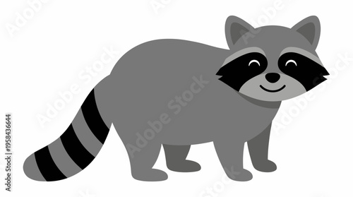A cute cartoon raccoon with a grey body, black mask, and striped tail, standing and smiling.