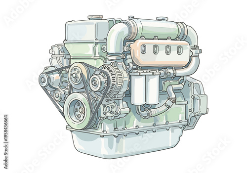 Detailed illustration of a modern internal combustion engine with visible components