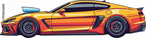 Yellow muscle car with custom hood scoop