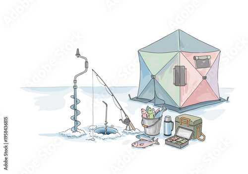 Ice fishing setup with tent, auger, rods, and fresh catch on frozen lake