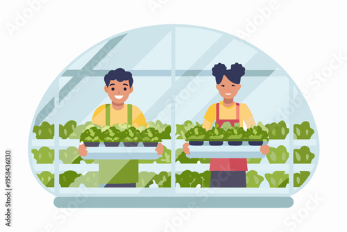 Two people tending to fresh lettuce seedlings inside a greenhouse