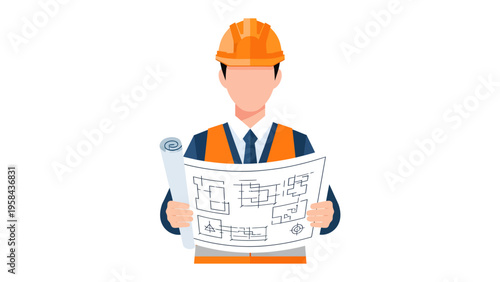 Blueprint in Hand: An architect or engineer studies a detailed blueprint, with a protective helmet and safety vest, ready to oversee a construction project.
