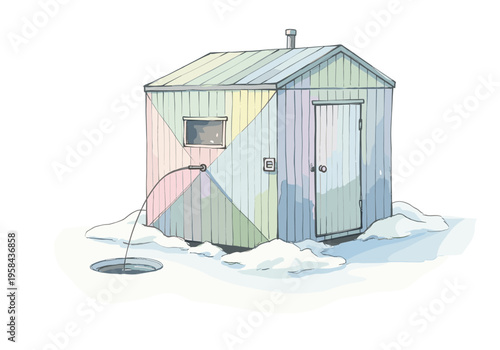 Colorful ice fishing hut with a fishing rod in a hole in the snow