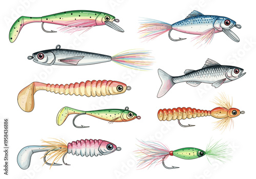Collection of colorful artificial fishing lures designed to mimic aquatic prey