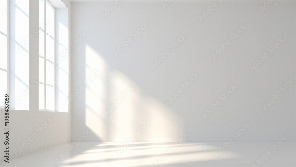 Fototapeta premium Bright Empty Modern Room with Large Windows and Sunlight Beams on White Walls