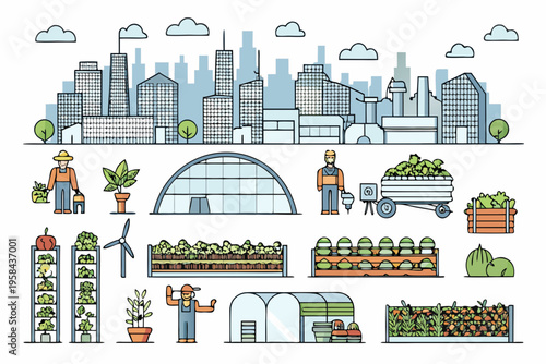 Sustainable city and agriculture illustration with farmers and various crops