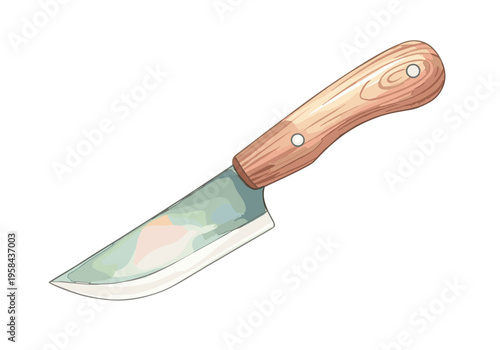 Hand drawn kitchen knife with wooden handle and sharp steel blade