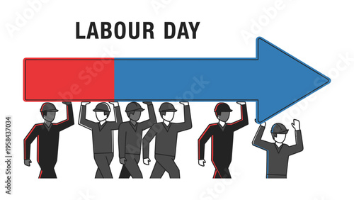 Labor Day Celebration: A diverse group of workers carries a large arrow, symbolizing progress and achievement on Labor Day, emphasizing the importance of their contribution.