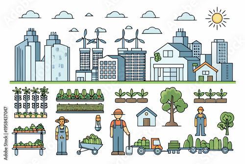 Sustainable city landscape integrates renewable energy agriculture and green spaces