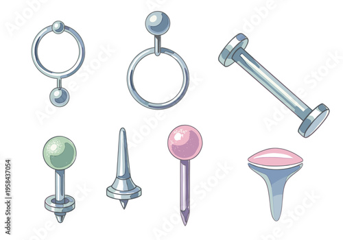 Collection of diverse body piercing jewelry and accessories for ear and lip