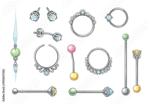 Collection of diverse body piercing jewelry with gemstones and pearls