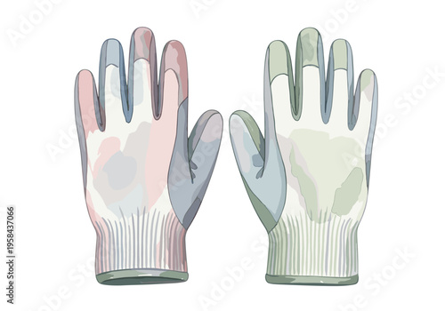 Pair of gardening gloves with a watercolor-like artistic style on a white background