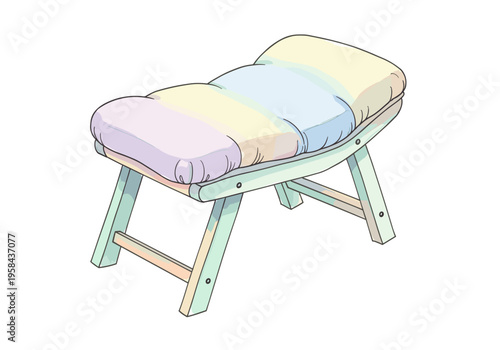 Comfortable padded stool with pastel colored cushion and light green wooden frame