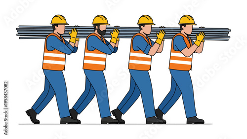 Collective Strength in Construction: A team of dedicated construction workers, clad in safety gear, demonstrates remarkable teamwork by carrying a load of building materials together.