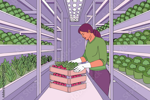 Woman harvesting leafy greens in a vertical indoor farm setting