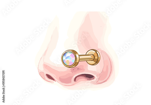 Close-up illustration of a nose piercing with a gold labret stud featuring a colorful gem
