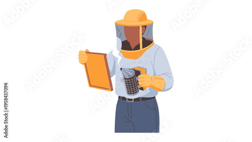 Beekeeper in protective suit : A beekeeper, fully clad in a protective suit and holding essential tools of the trade, examines a honeycomb.