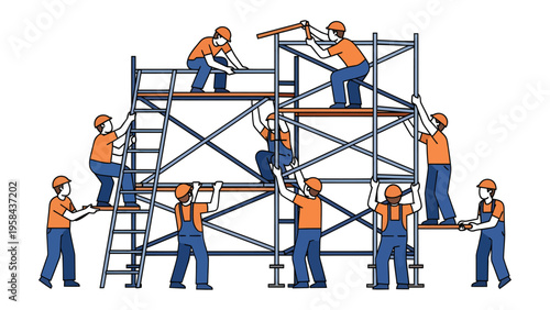 Building Collaboration: A team of construction workers is working together to erect a sturdy scaffolding, highlighting the importance of teamwork and collaboration in the construction industry.