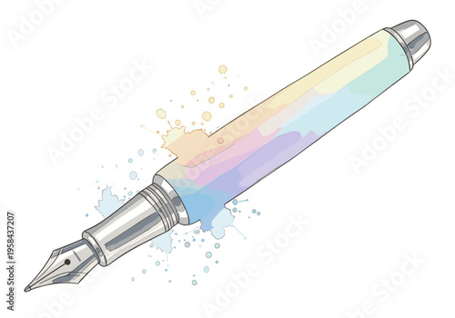 Elegant fountain pen with colorful watercolor splashes and ink droplets