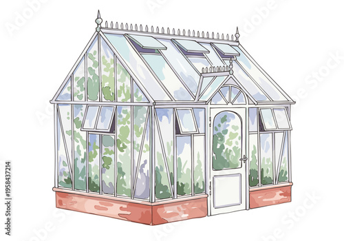 Victorian style glass greenhouse filled with lush green plants and open vents