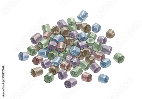 Pile of colorful cylindrical pellets in muted pastel tones on a white background