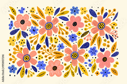 A colorful whimsical floral pattern with stylized blossoms and foliage